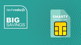 Smarty Mobile branded SIM card on cyan background with big savings text overlay
