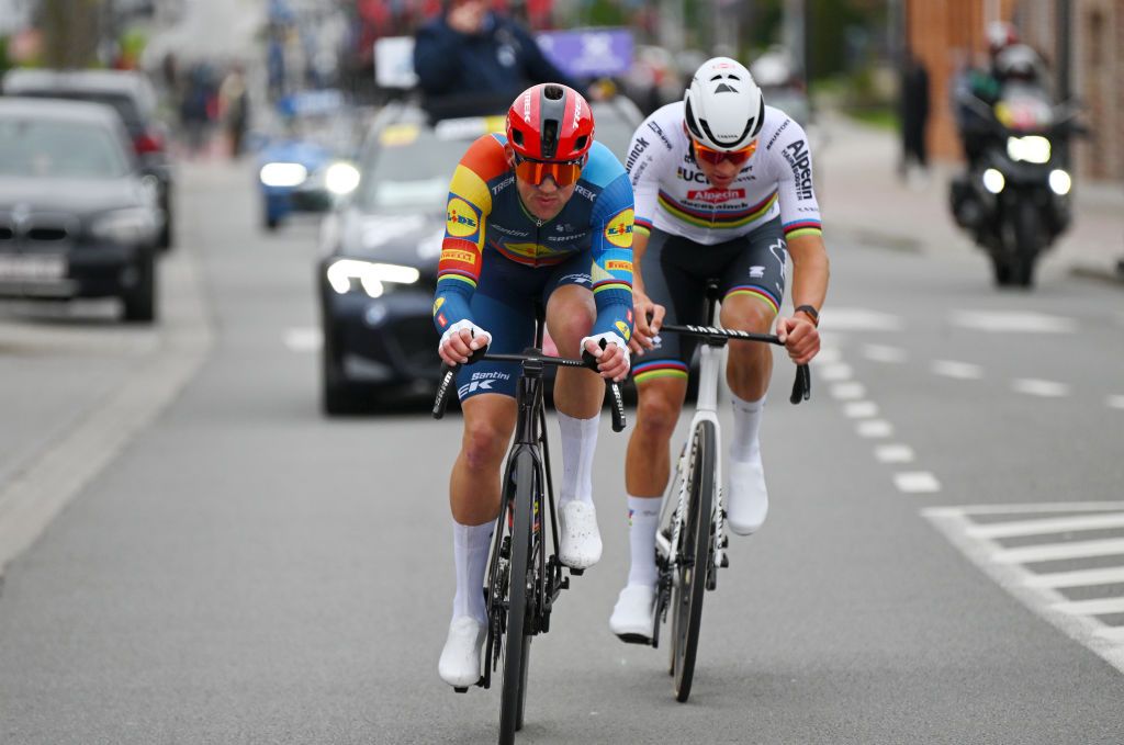 WEVELGEM BELGIUM MARCH 24 LR Mads Pedersen of Denmark and Team Lidl Trek and Mathieu van der Poel of The Netherlands and Team Alpecin Deceuninck compete in the breakaway during the 86th GentWevelgem in Flanders Fields 2024 Mens Elite a 2531km one day race from Ieper to Wevelgem UCIWT on March 24 2024 in Wevelgem Belgium Photo by Tim de WaeleGetty Images