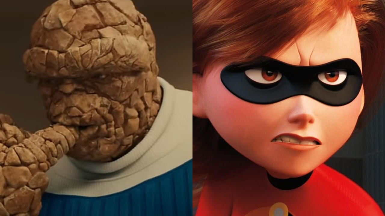 The Thing tasting dinner in The Fantastic Four: First Steps and Elastigirl looking angry in The Incredibles.
