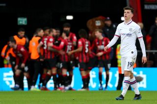 Chelsea’s Mason Mount appears dejected as Bournemouth celebrate their second goal
