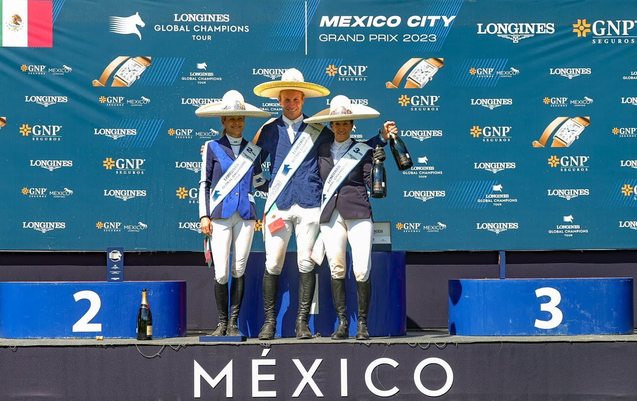 The Mexico City LGCT grand prix podium featuring David Will, Malin Baryard-Johnsson and Laura Kraut