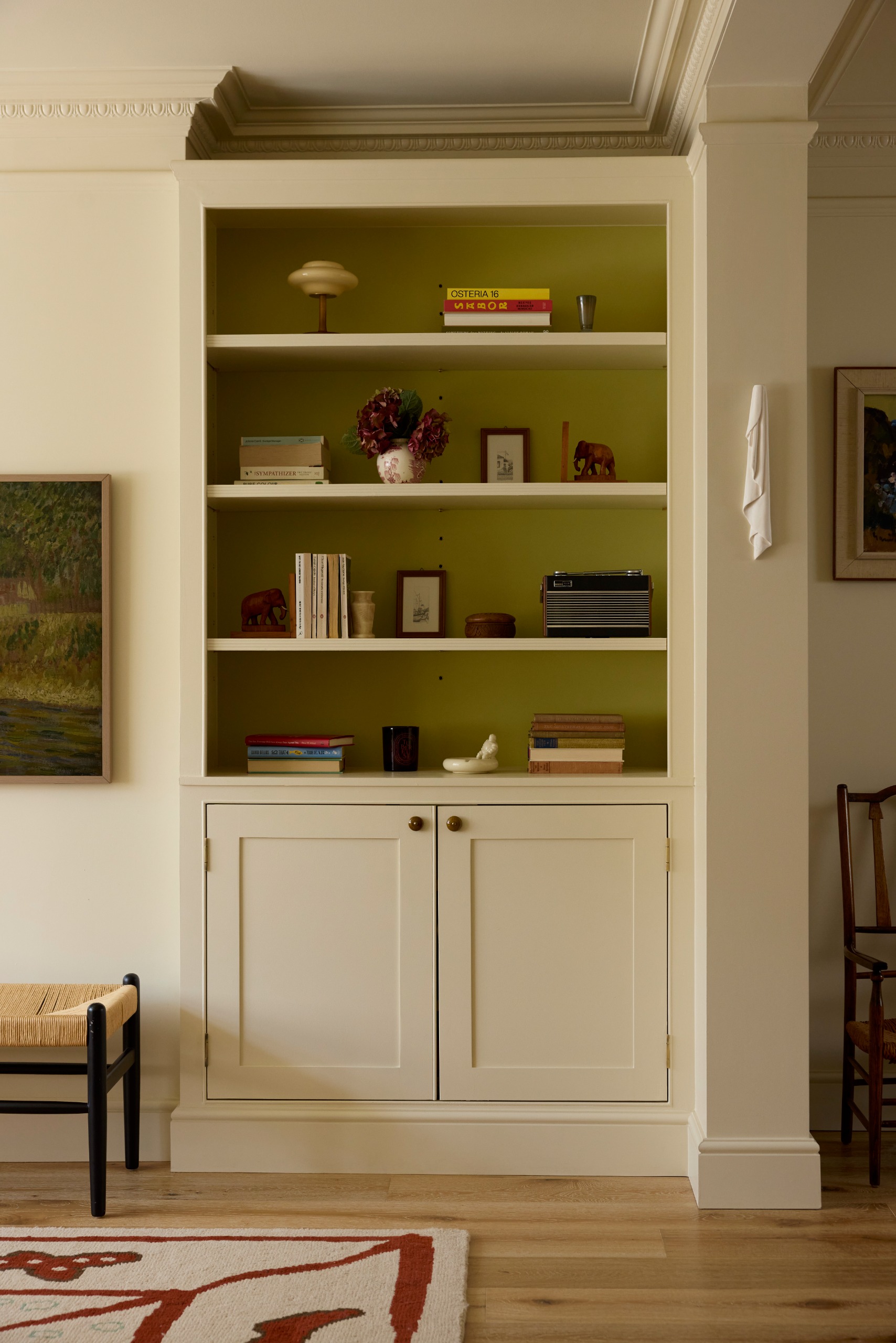 Modern living room alcove with bespoke shelving