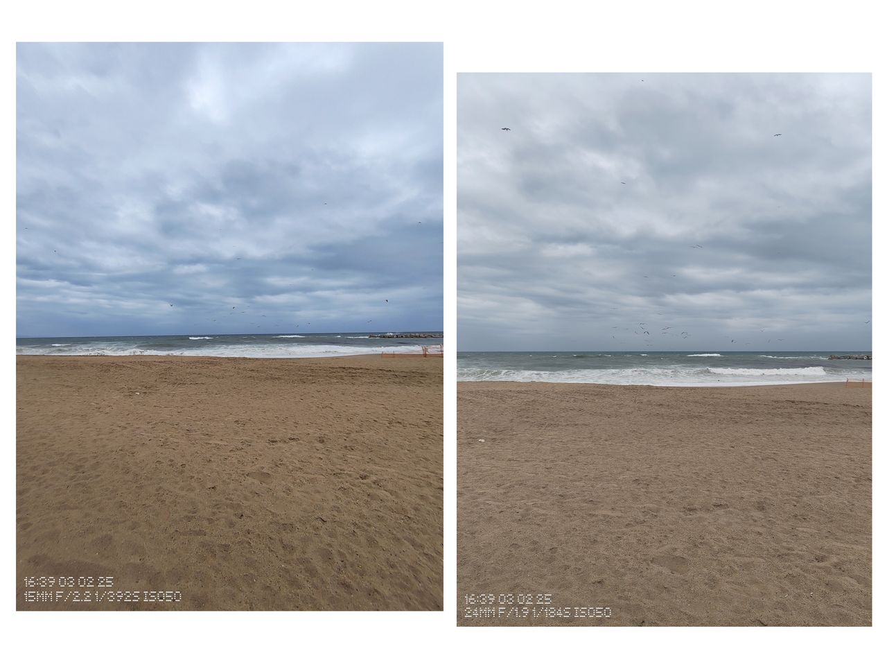 Two nearly identical photos of a beach next to each other showing different processing
