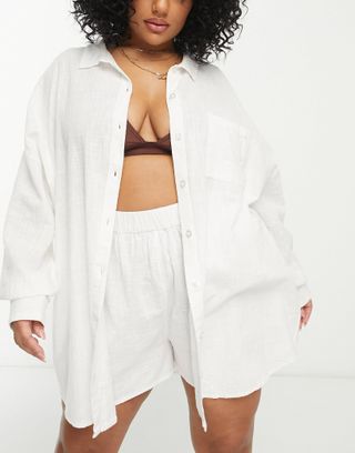 Asos Design Curve Textured Button Through Beach Shirt in White