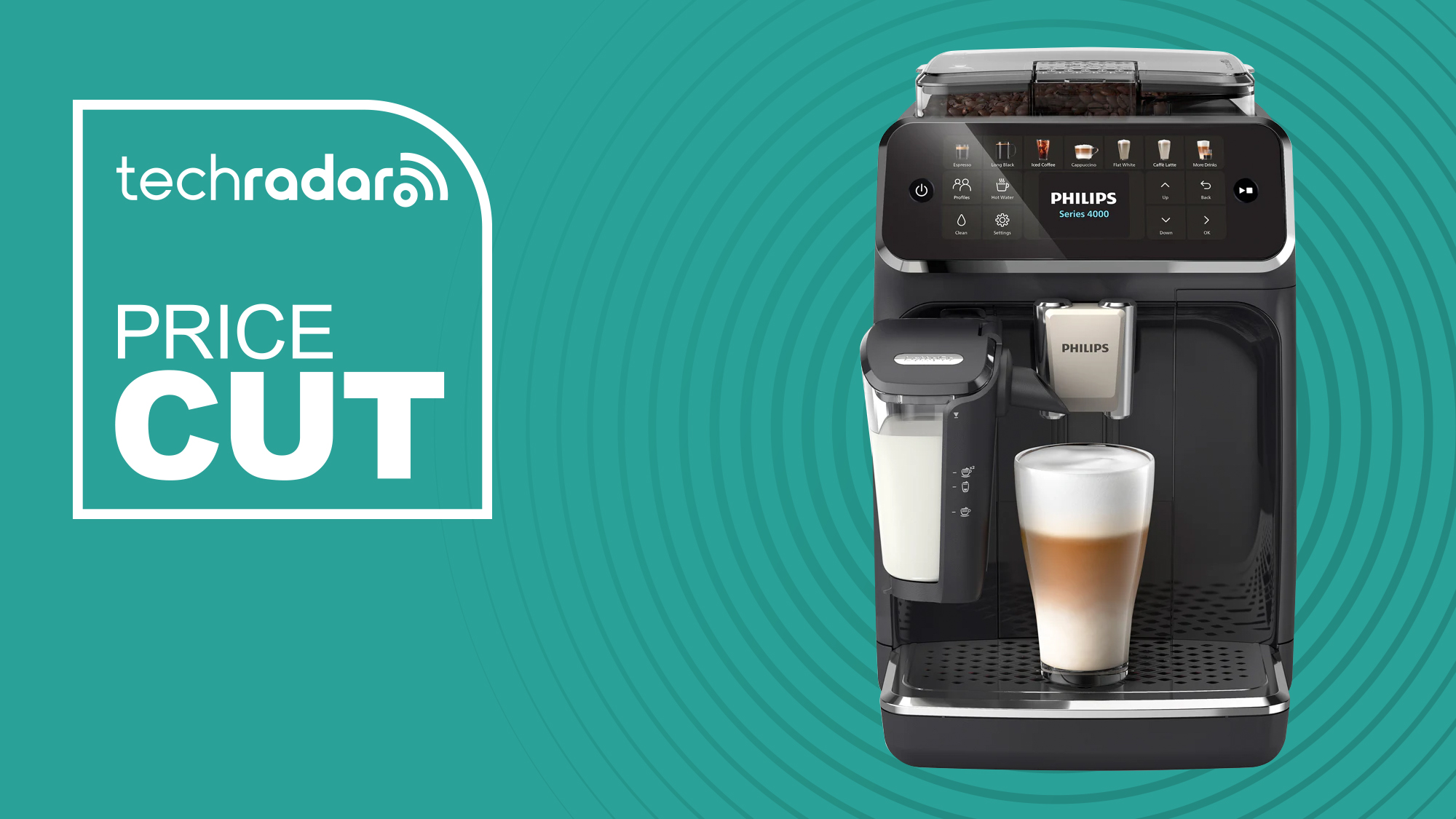 Philips 4400 series LatteGo coffee maker on a cyan background with TechRadar's Price Cut offer badge