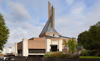 The exterior of the brutalist Clifton Cathedral in Bristol