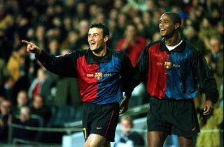 Luis Enrique and Patrick Kluivert of Barcelona celebrate a goal, December 1999