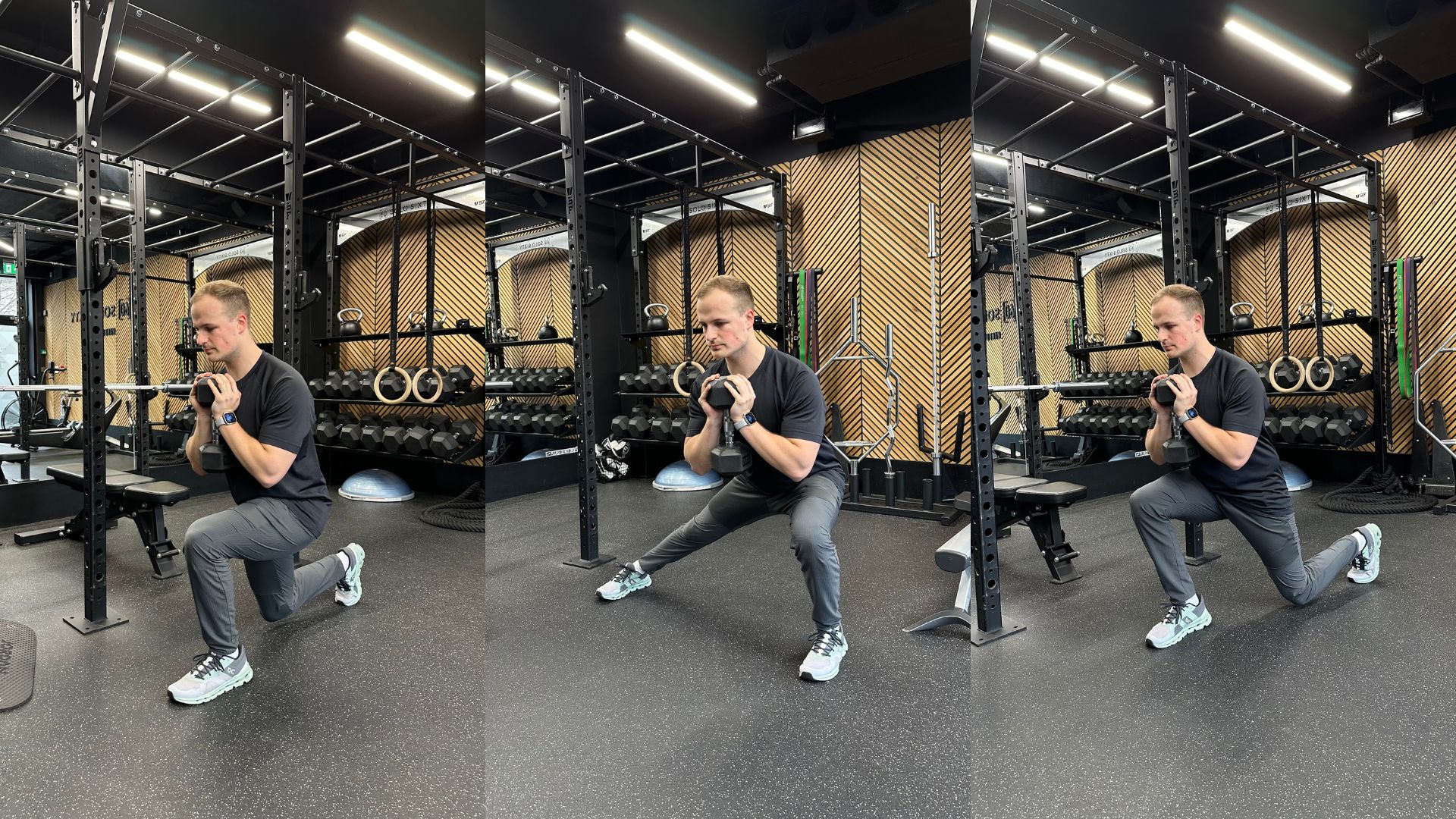 Ollie Thompson demonstrates three positions of the three-way lunge