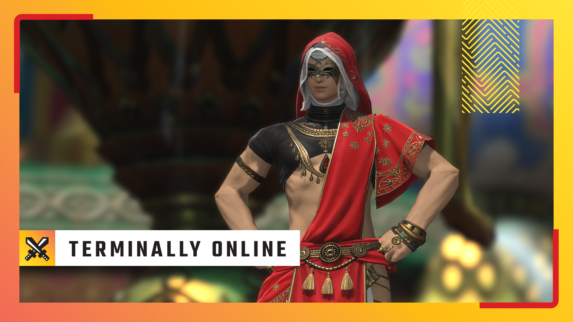 A rogue dressed in scarlet drapes poses fashionably in Final Fantasy 14.