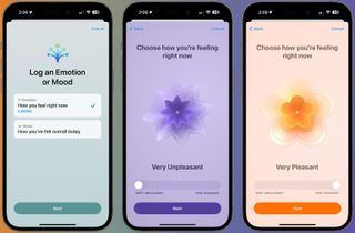 Screenshots from iOS 17 developer beta 3, showing the recolored menus for Mental Wellbeing tracking in the Health app