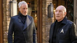 John de Lancie as Q and Sir Patrick Stewart as Jean-Luc Picard in Star Trek Picard Season 2.