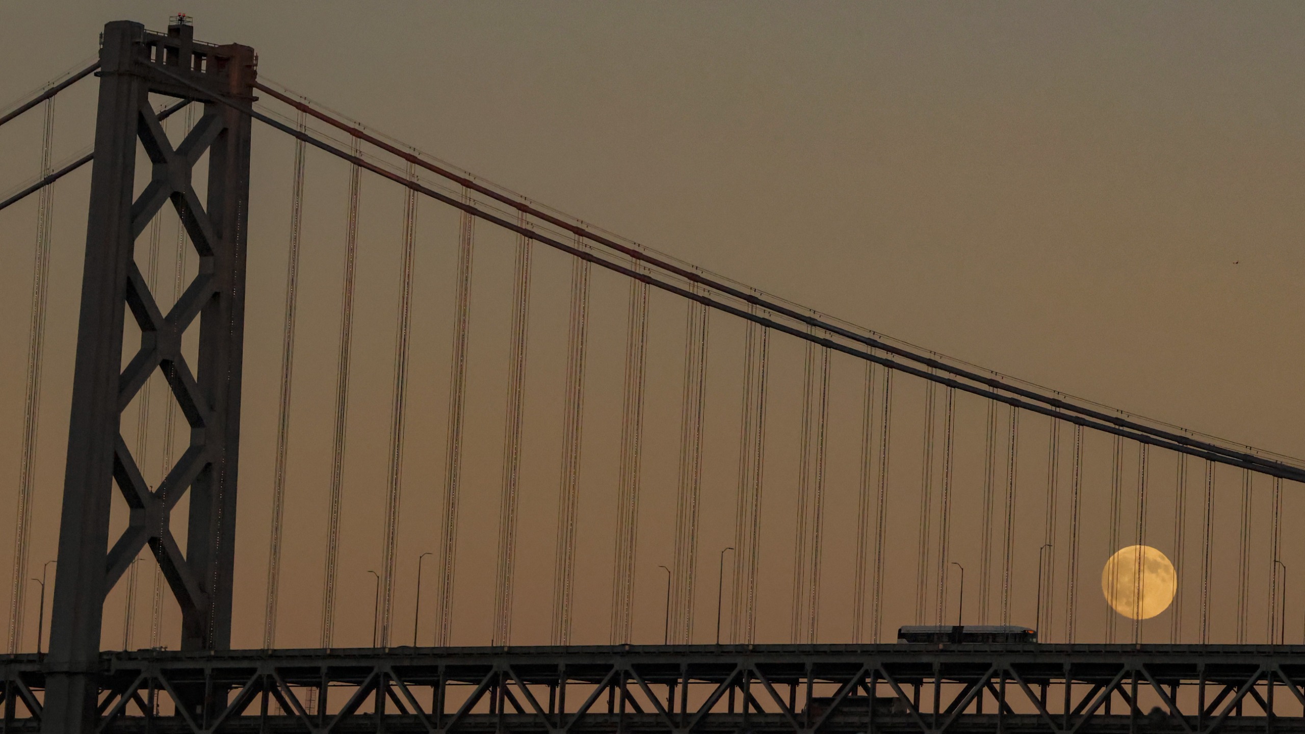 A golden full moon rises above the San Francisco-Oakland Bay Bridge, framed by the bridge's illuminated suspension cables.