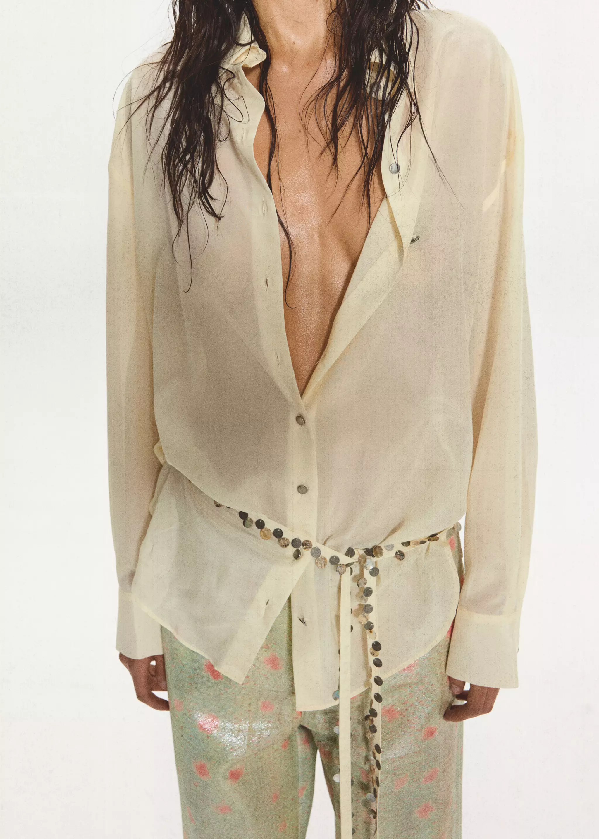 Semi-sheer shirt with beaded belt - Women | Mango USA