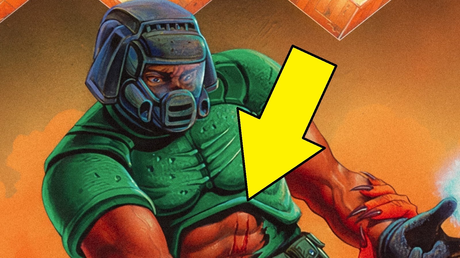 Cover art crop of Doom showing the Doomguy's tummy window with a big arrow pointing to it