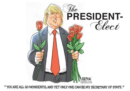 Political cartoon U.S. Donald Trump Secretary of state cabinet Bachelor