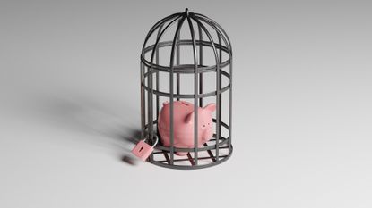 Piggy bank locked in a cage