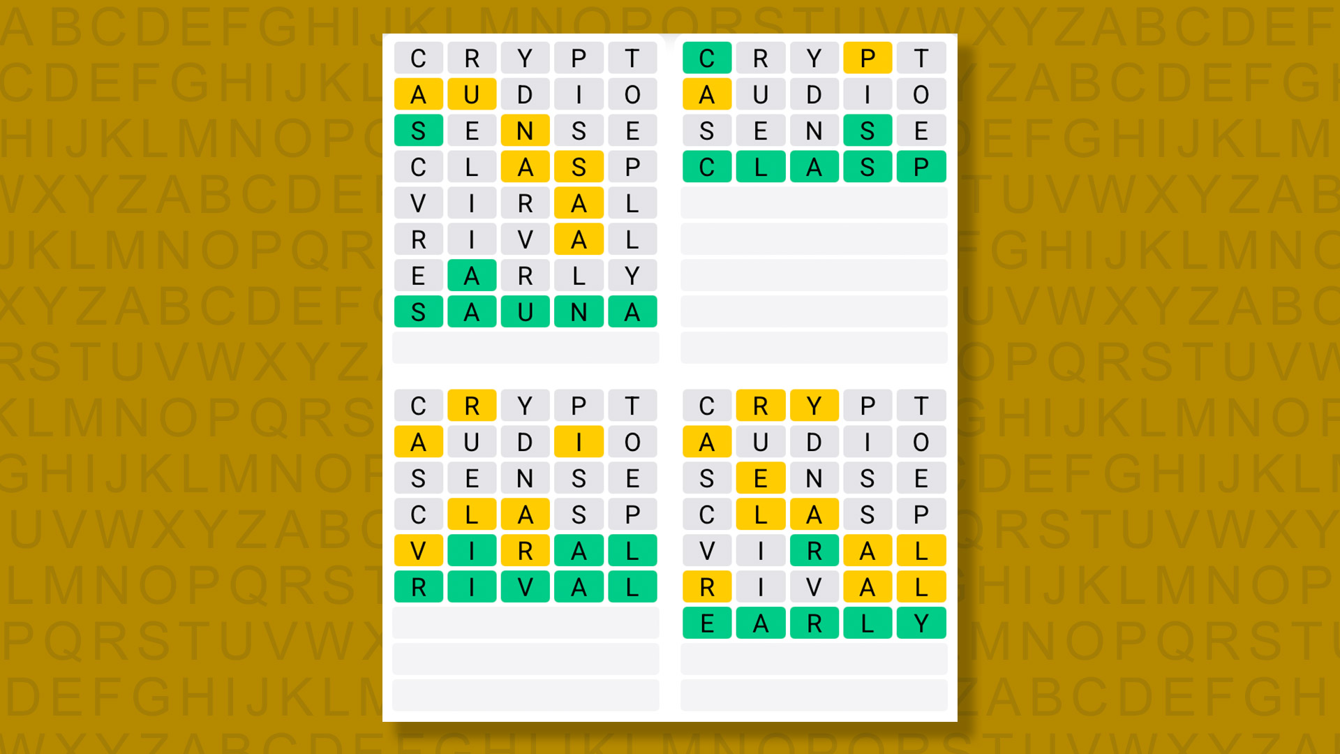 Quordle answers for game 1498 on a yellow background