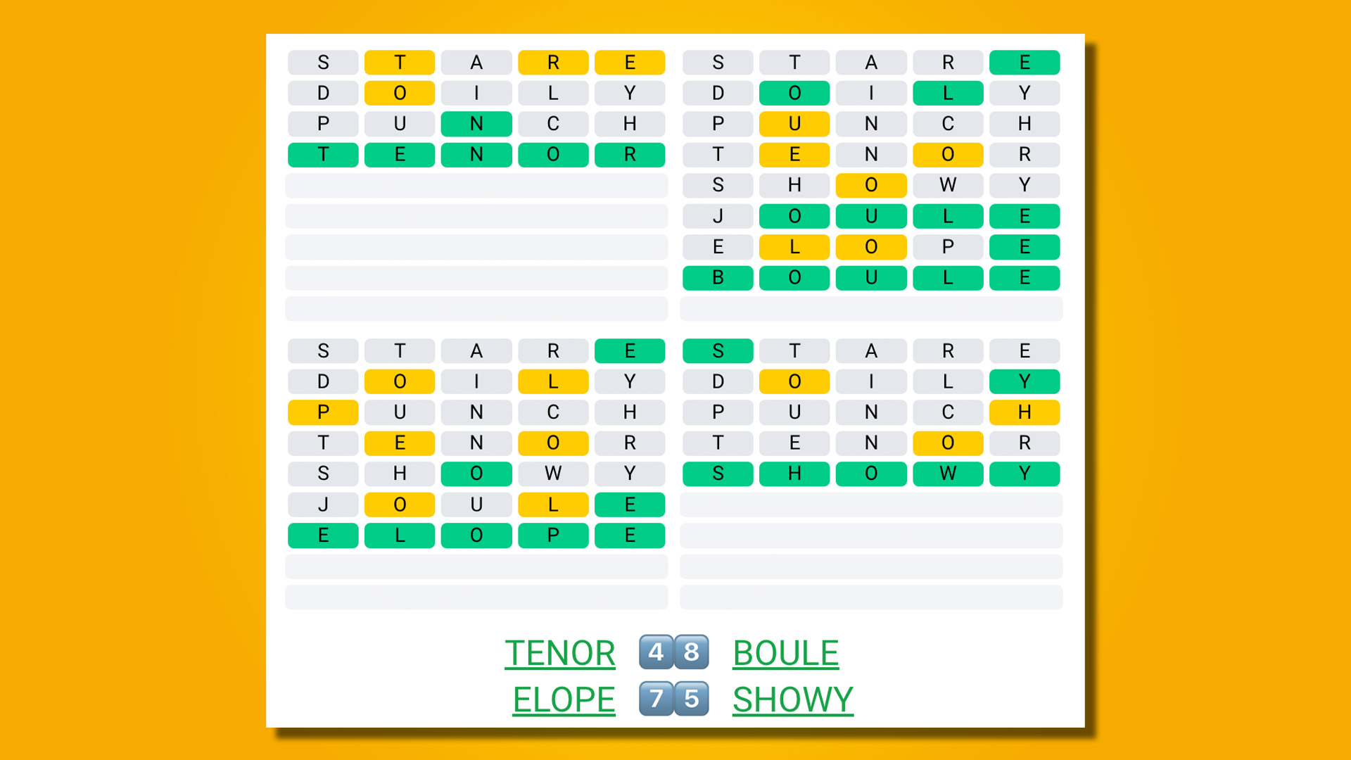 Quordle 412 answers on yellow background