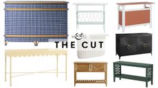 Chic outdoor bars, including French-inspired, whimsical, herringbone, teakwood, and Martha Steward-designed styles, pictured against a white background