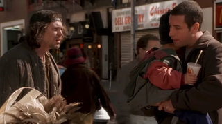 Adam Sandler carries a kid with a McDonald's cup after finding out breakfast is only served until 10:30.