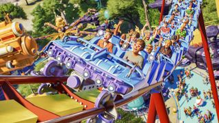 A screenshot of a cinematic from Planet Coaster 2 showing a group of visitors riding a rollercoaster.