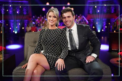 Kaity (left) and Zach (right) sat on the sofa at The Bachelor finale episode