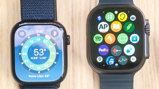 Close-up of the Apple Watch 10 and Apple Watch Ultra 2 on a wood table showing the app screen