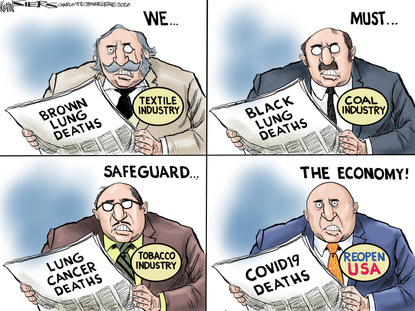 Political Cartoon U.S. reopen the economy risks history coronavirus
