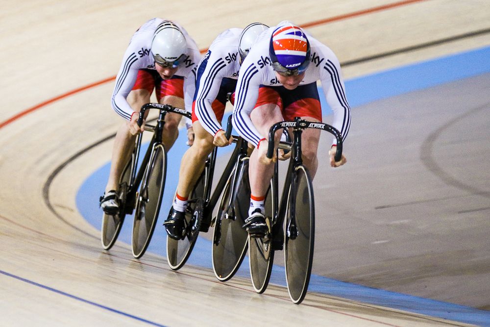 Team of Great Britain competes in the Men's Team Sprint on day one fo the UCI Track World Cup