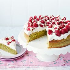 Matcha Cake with Raspberries and White Chocolate