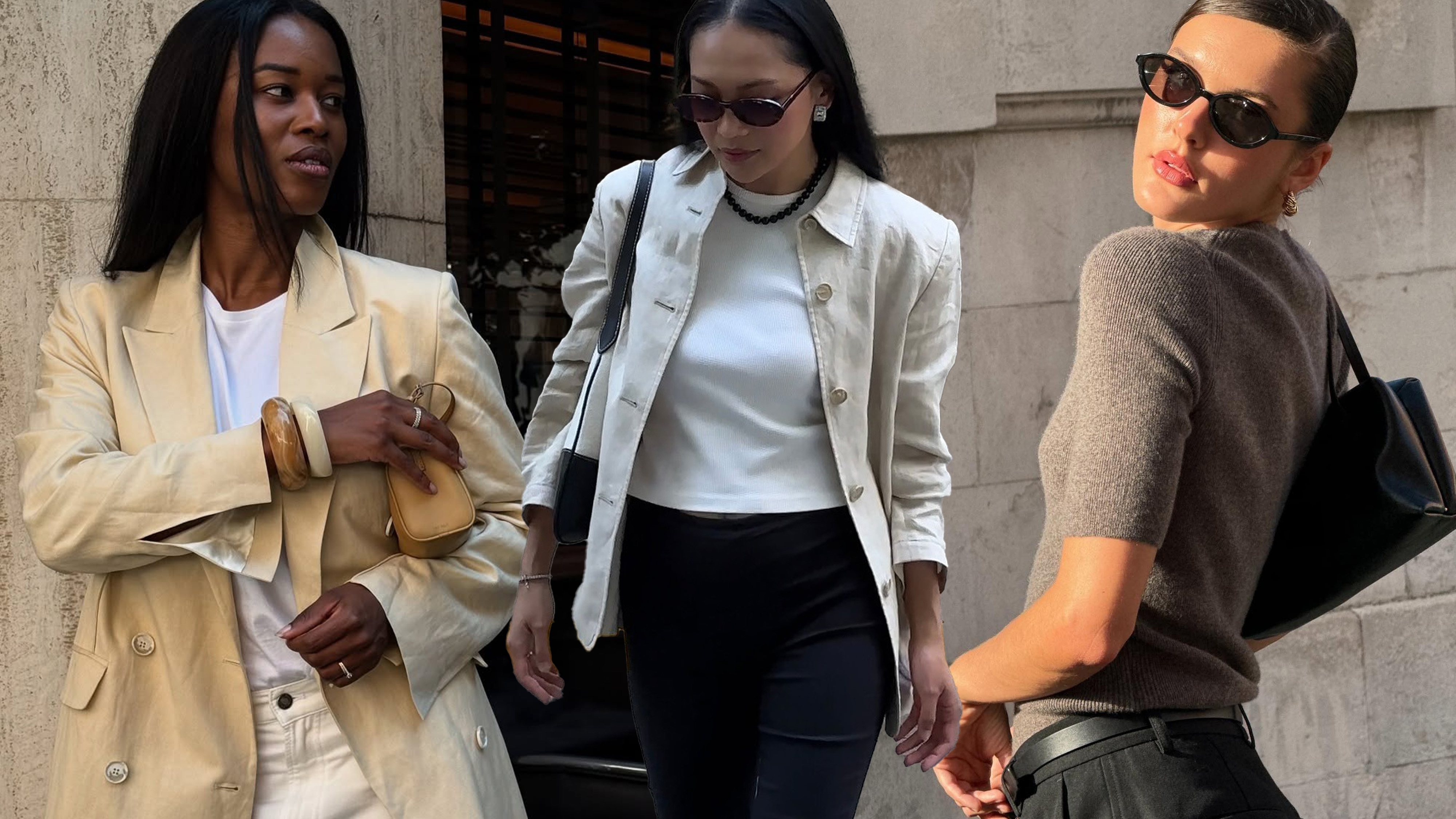 rich looking finds shown in a collage of women's summer outfit ideas with a woman on the left wearing a cream trench coat over a white t-shirt with matching wood bangles and a small handbag, in the middle a woman is wearing a light cropped tan jacket over a white-shirt with a beaded necklace and sunglasses, and on the left a woman is wearing black sunglasses with a gray crewneck, black shorts, and a black shoulder bag