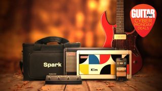 Image of Positive Grid Spark, Spark Mini, Spark Control, carry case, and electric guitar.