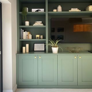 green built in media unit with shelves and tv