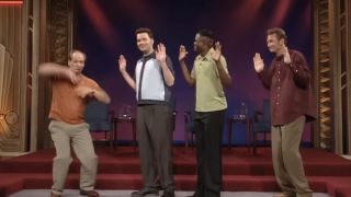 Brad, Wayne, and Ryan snicker at Colin's reluctance to rap on Whose Line Is It Anyway?