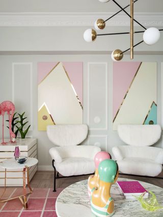 A living room with pastel tones
