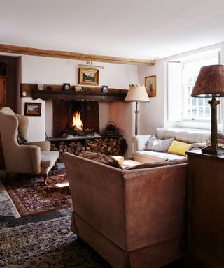 farmhouse living room with original fireplace