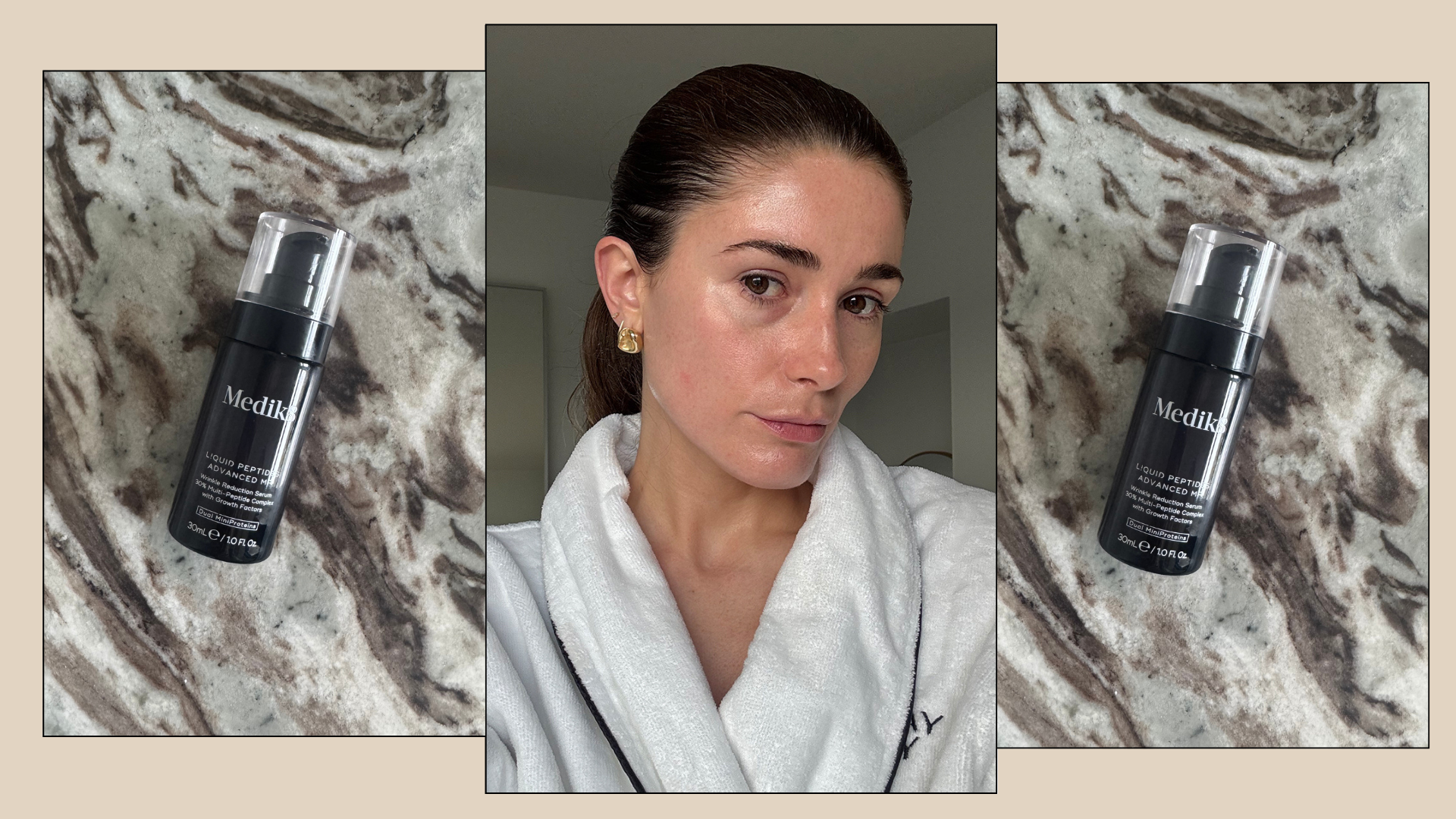 A collage with a selfie of Eleanor&#039;s skin after using the Medik8 Advanced Peptide serum, and photos of the skincare product on either side