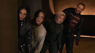 Ghost (Hannah John-Kamen), Bob (Lewis Pullman), Yelena Belova (Florence Pugh) and John Walker (Wyatt Russell) lean from a wall in Thunderbolts*