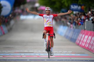GUARDIA SANFRAMONDI ITALY MAY 15 Victor Lafay of France and Team Cofidis celebrates at arrival during the 104th Giro dItalia 2021 Stage 8 a 170km stage from Foggia to Guardia Sanframondi 455m girodiitalia Giro UCIworldtour on May 15 2021 in Guardia Sanframondi Italy Photo by Stuart FranklinGetty Images