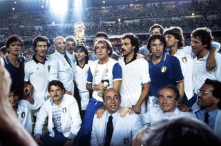 Franco Baresi (top right) celebrates with his team-mates after Italy's World Cup final win over West Germany in 1982.