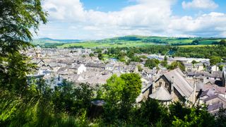 Aerial view of Kendal town centre and blue sky Cumbria