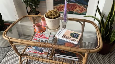 Styled coffee table in white lounge space with houseplants surround