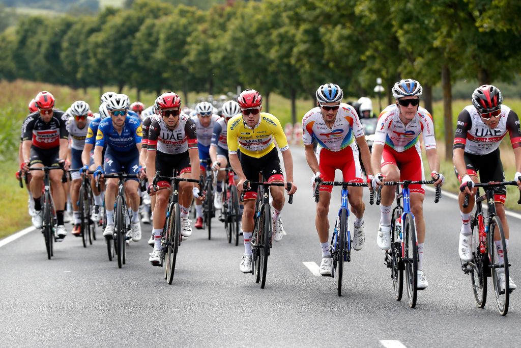 MAMER LUXEMBOURG SEPTEMBER 16 LR Davide Formolo of Italy Marc Hirschi of Switzerland and UAE Team Emirates yellow leader jersey and Marlon Gaillard of France and Team Total Energies compete during the 81st SkodaTour De Luxembourg 2021 Stage 3 a 1893km stage from MondorfLesBains to Mamer 300m skodatour skodatour on September 16 2021 in Mamer Luxembourg Photo by Bas CzerwinskiGetty Images