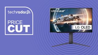 LG UltraGear OLED gaming monitor on purple background with price cut sign