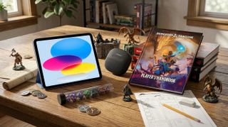 Dungeons and dragons paraphenalia with iPad and Bose speaker on a table