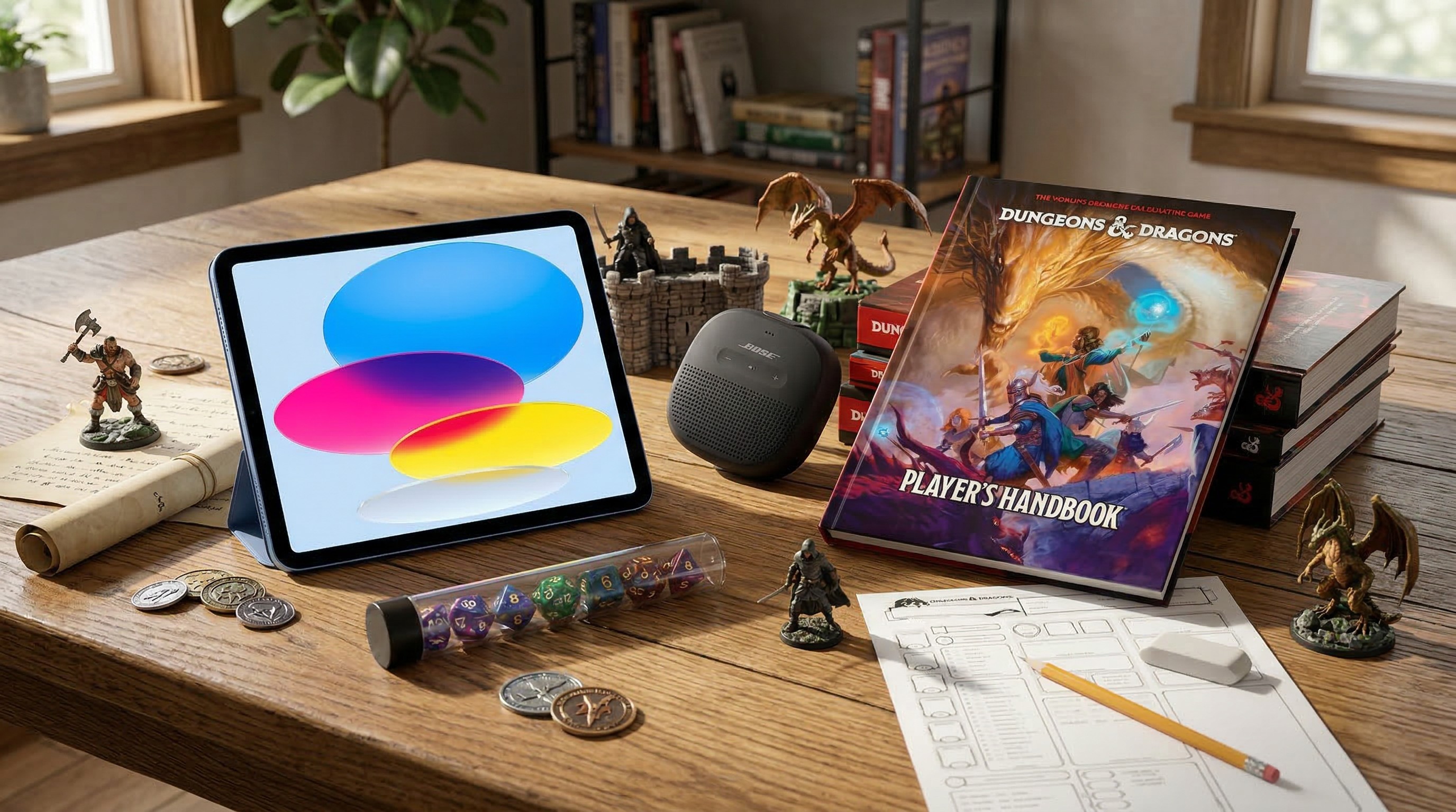 Dungeons and dragons paraphenalia with iPad and Bose speaker on a table