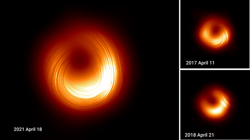 three images of a supermassive black hole, each one showing it as a dark blotch surrounded by an orangish disk