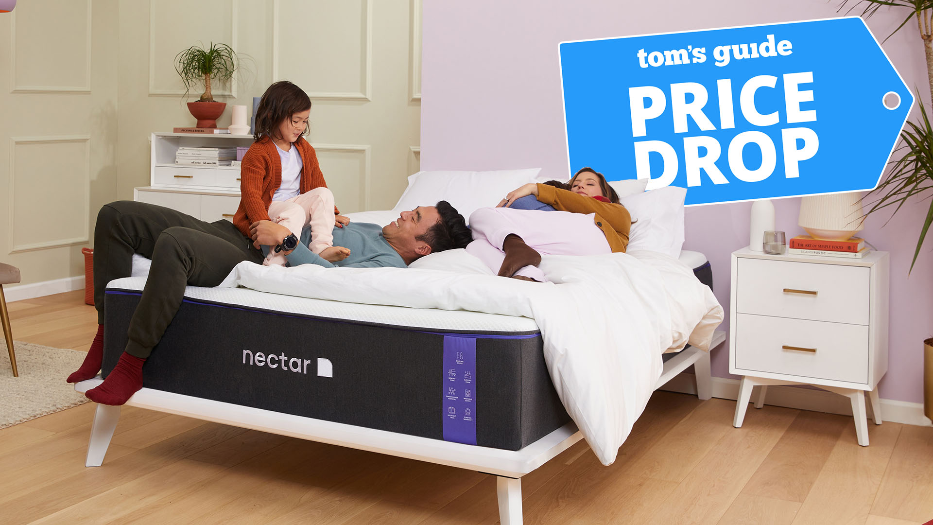 Nectar mattress with family in it, and price drop flag overlaid