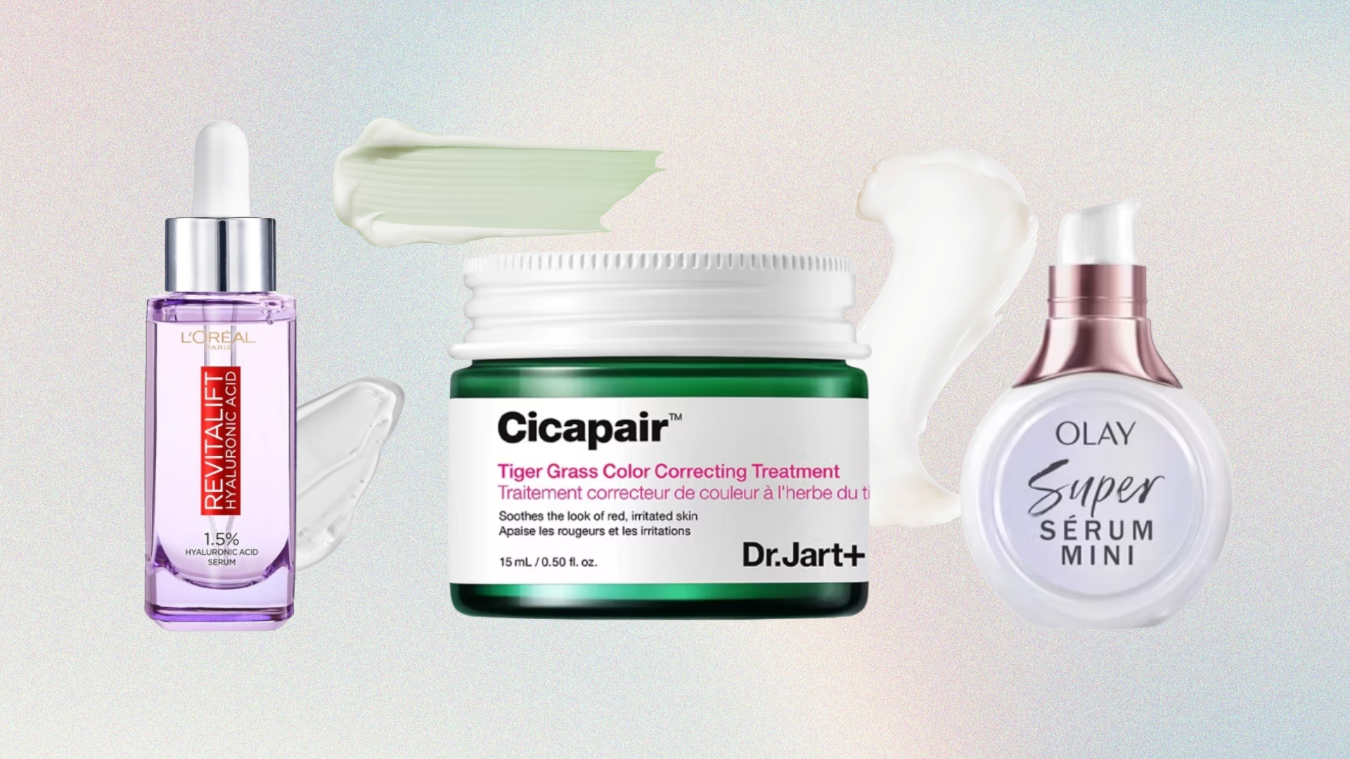 Image of L&#039;Oreal Paris Revitalift Hyaluronic Acid, Dr Jart Cicapair Colour Correcting Treatment and Olay Super Serum on a watercolour background