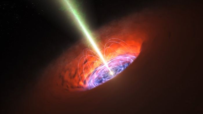 a swirling blue black and white circular center is seen from an angle, caved inside red and orange gases around its parimeter. a beam of light shoots from the center